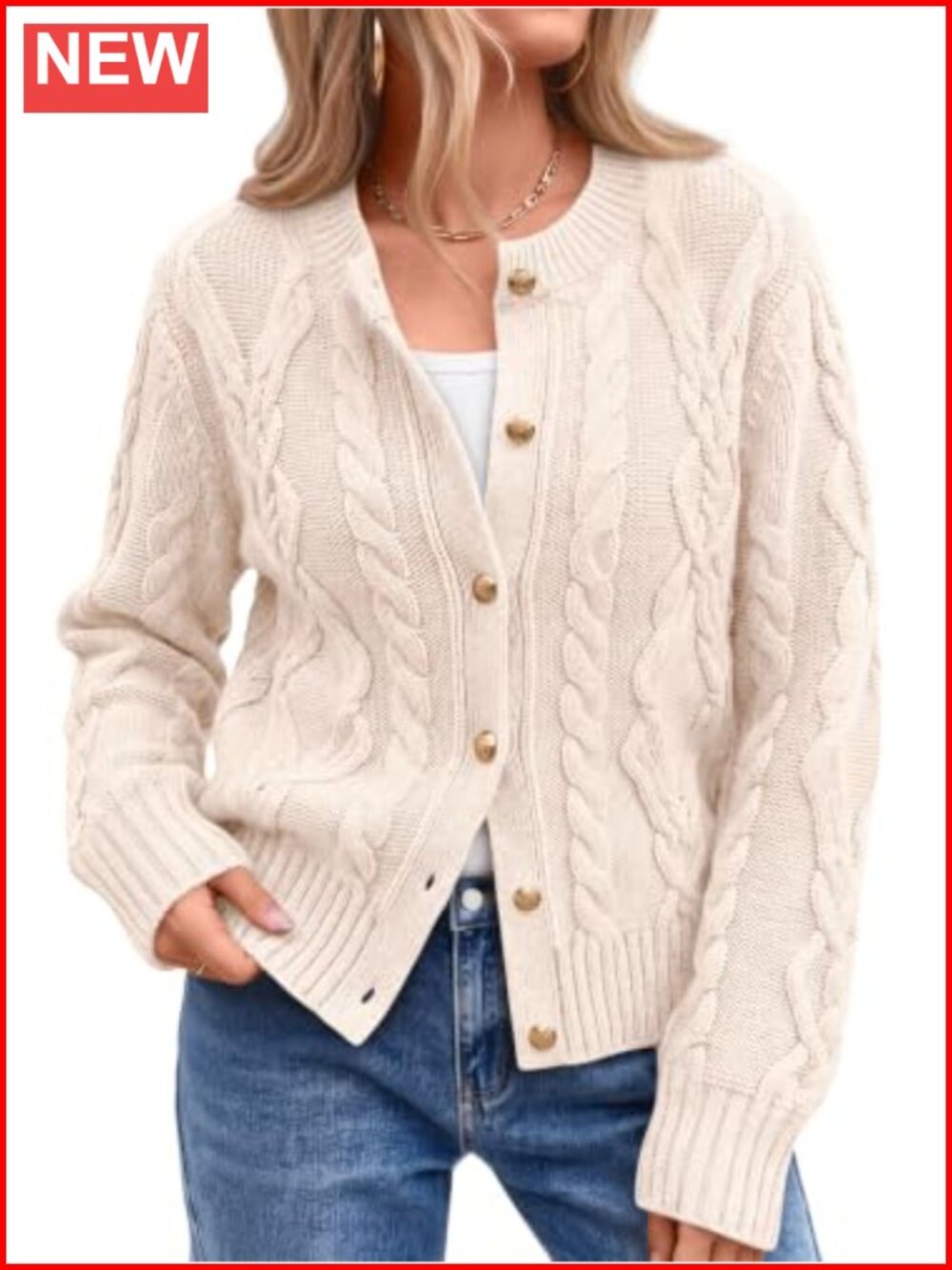 Cable Knit Cardigan Button Down Chunky Cotton Blend Sweater Women
